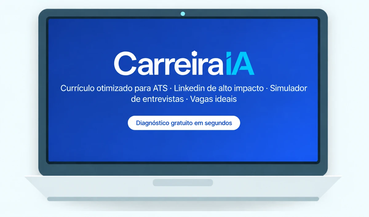 Ilustração do CarreiraIA em um notebook com tela azul: currículo otimizado para ATS, LinkedIn de alto impacto, simulador de entrevistas e vagas ideais.